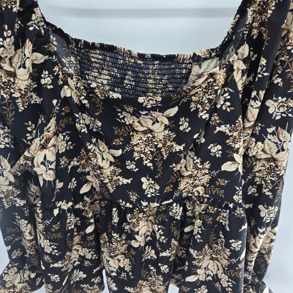 Shein Curve Black Brown Cream Floral Long Sleeved Back Ruched Blouse 4XL - Picture 5 of 10